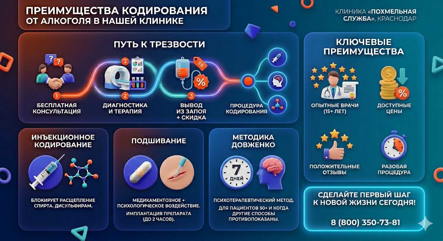 Инфографика о методах кодирования от алкоголя в Фролово: инъекции, подшивание, метод Довженко. Преимущества клиники и этапы лечения.